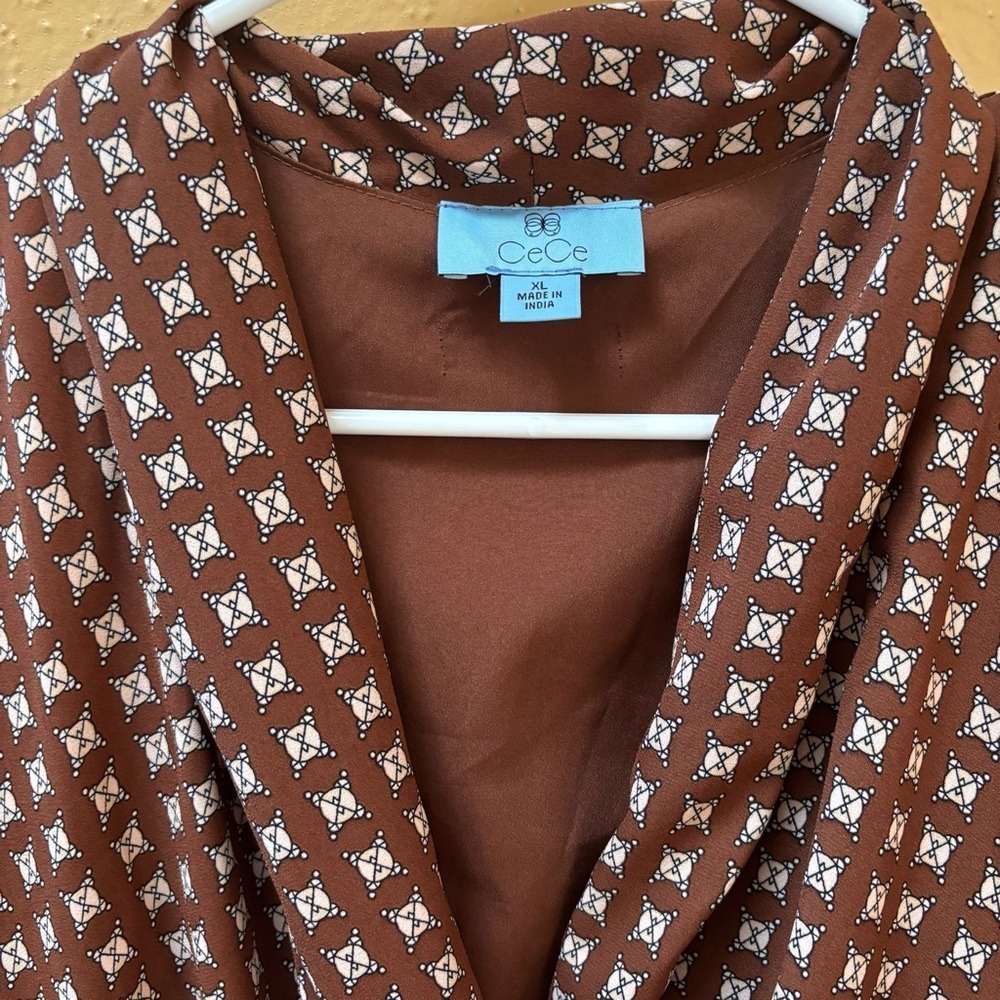 CeCe Brown Geometric Print Long Sleeve Tiered Ruffle Mini Dress XL RN90714 - Picture 3 of 10